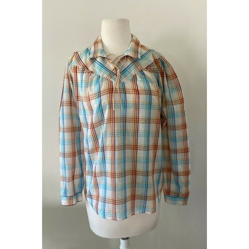 Vtg Wrangler Medium‎ Plaid Lace Up Shirt Cottagecore Womens Peasant 60s 70s USA